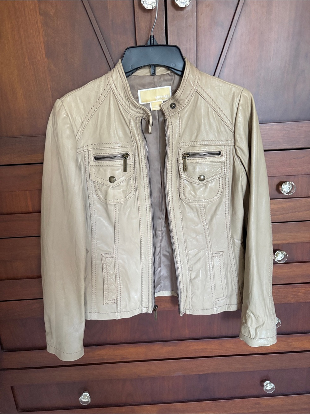 Michael Kors Taupe/ tan Leather Jacket XS/XP used condition